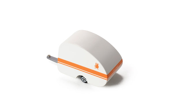 White electronic device with an orange stripe on a white background