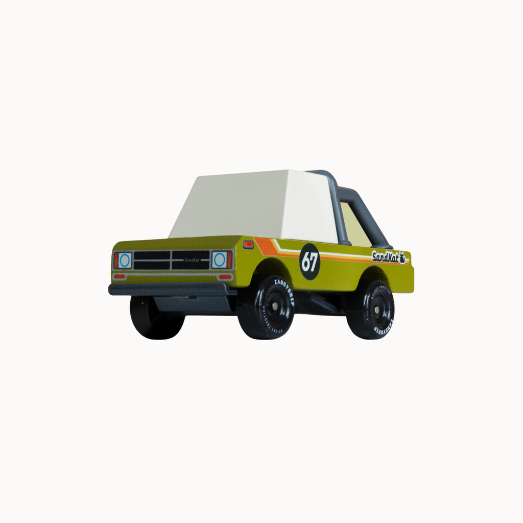 A retro-style toy pickup truck with a lime green body, a white hood, black wheels, and racing decals including the number 67 and 'Sportster' on the side, isolated on a white background.