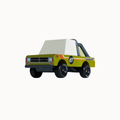 A retro-style toy pickup truck with a lime green body, a white hood, black wheels, and racing decals including the number 67 and 'Sportster' on the side, isolated on a white background.