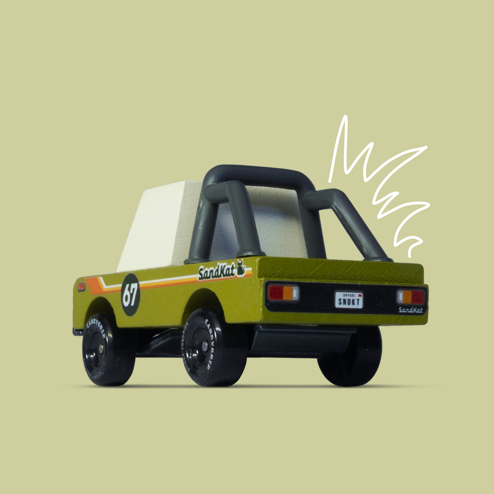 Toy truck with a white container on a beige background
