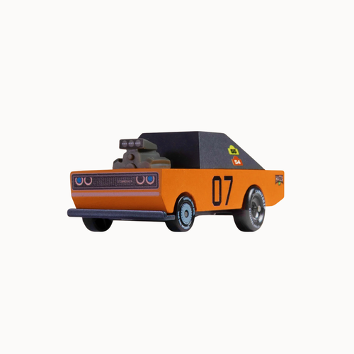 A stylized orange toy car with a black roof, blue wheels, and the number 07 on the side, shown against a plain white background.