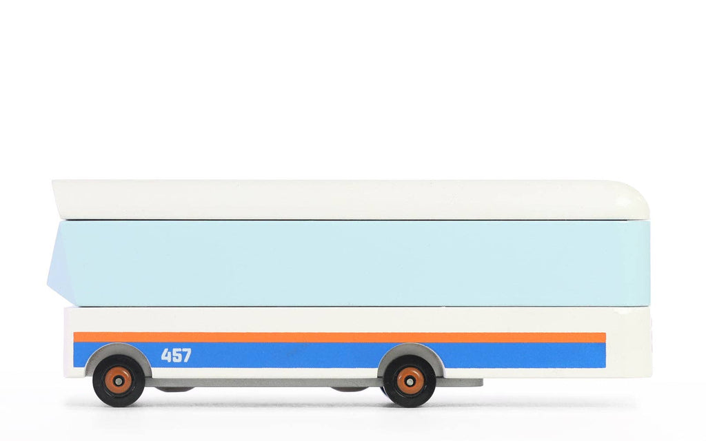 Model of a trailer with a white and blue design on a white background