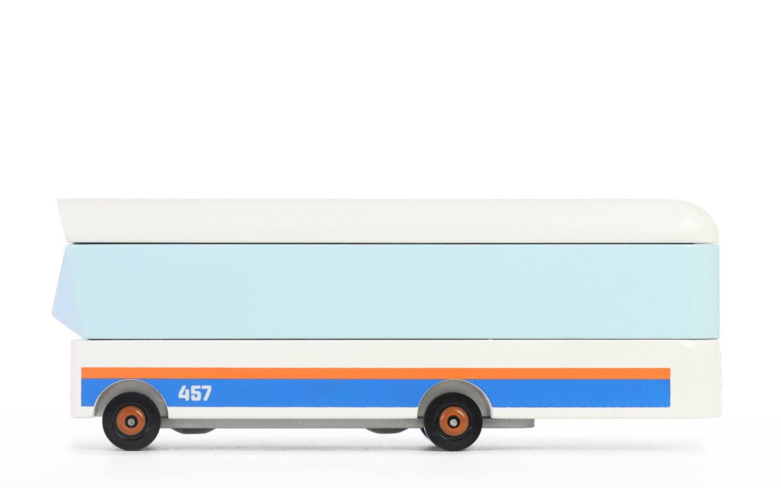 Model of a trailer with a white and blue design on a white background