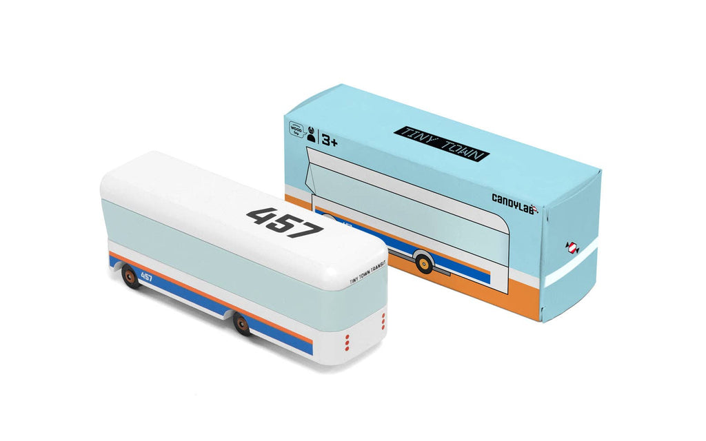Model bus with blue box packaging on a white background