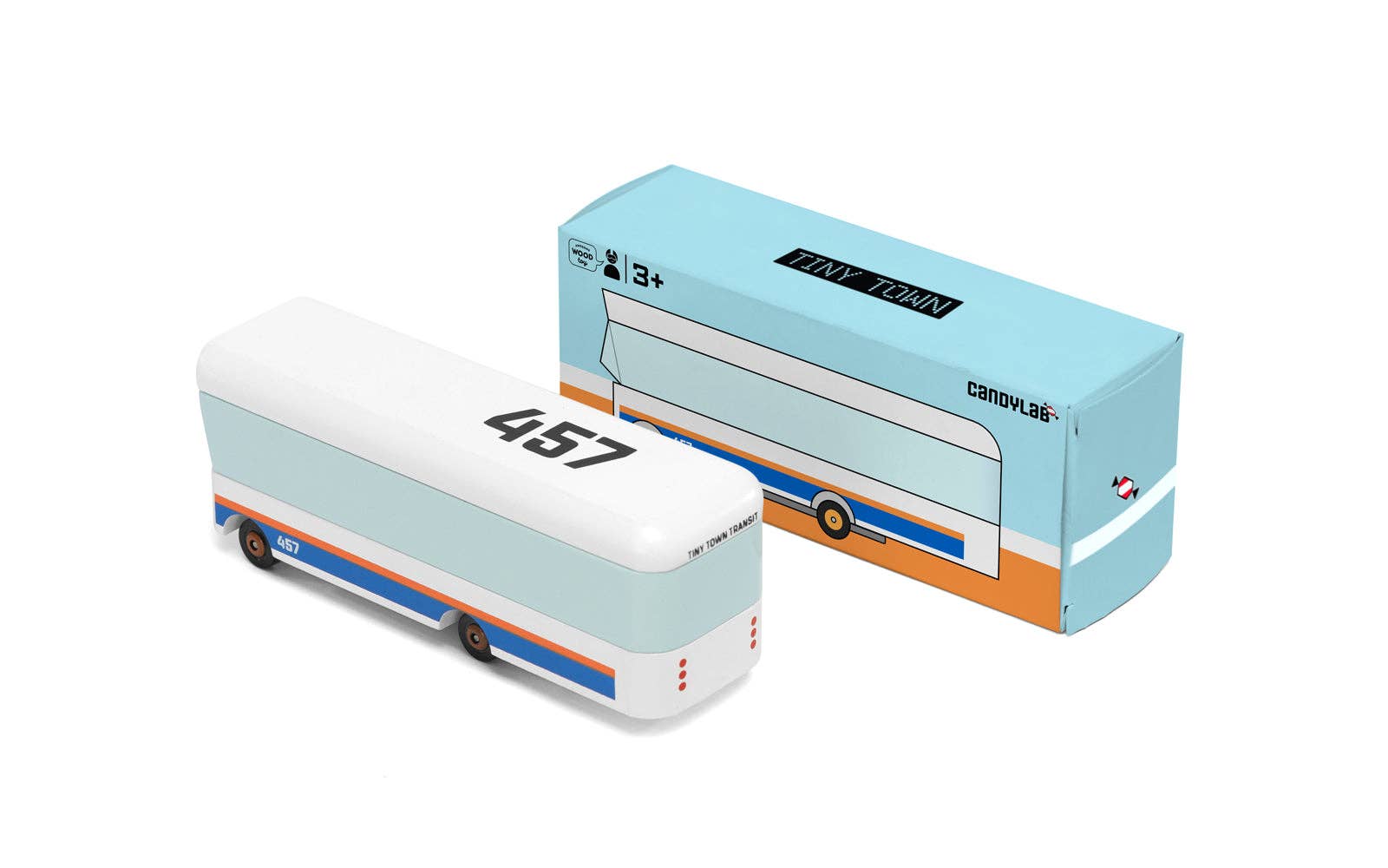 Model bus with blue box packaging on a white background