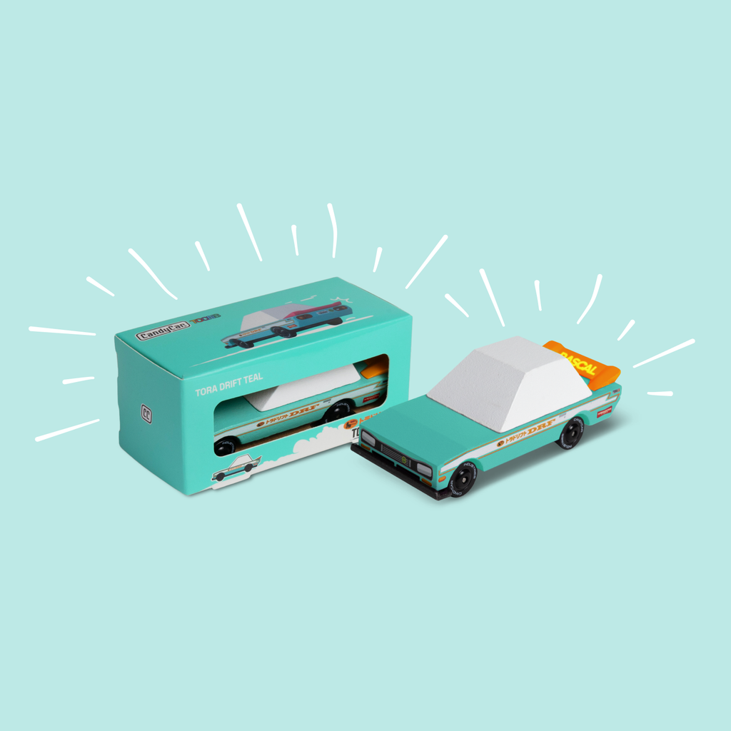 Model car and packaging on a light blue background