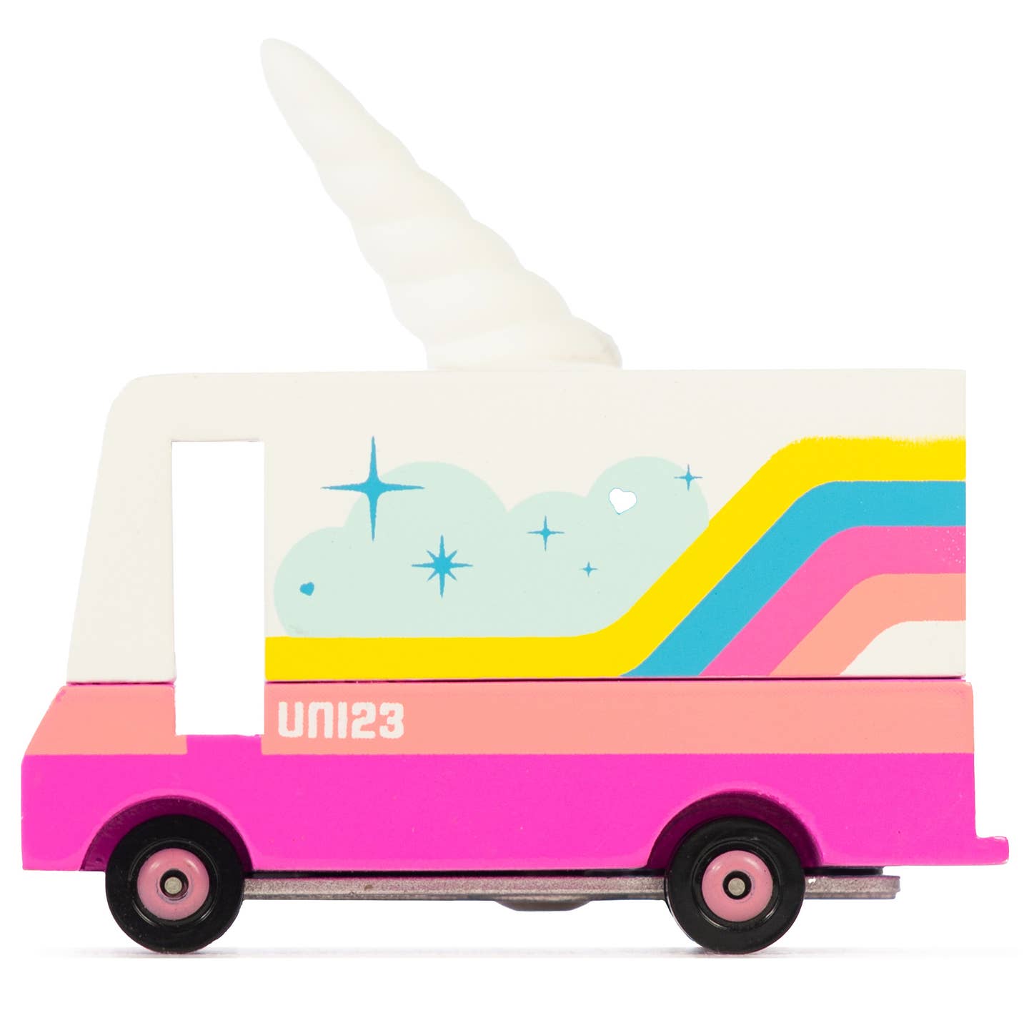 Colorful toy truck with a unicorn design on a white background