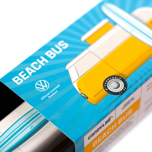 Packaging of a VW Beach Bus toy with blue and yellow design.