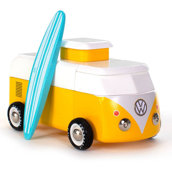 Yellow and white toy van with a surfboard on a white background