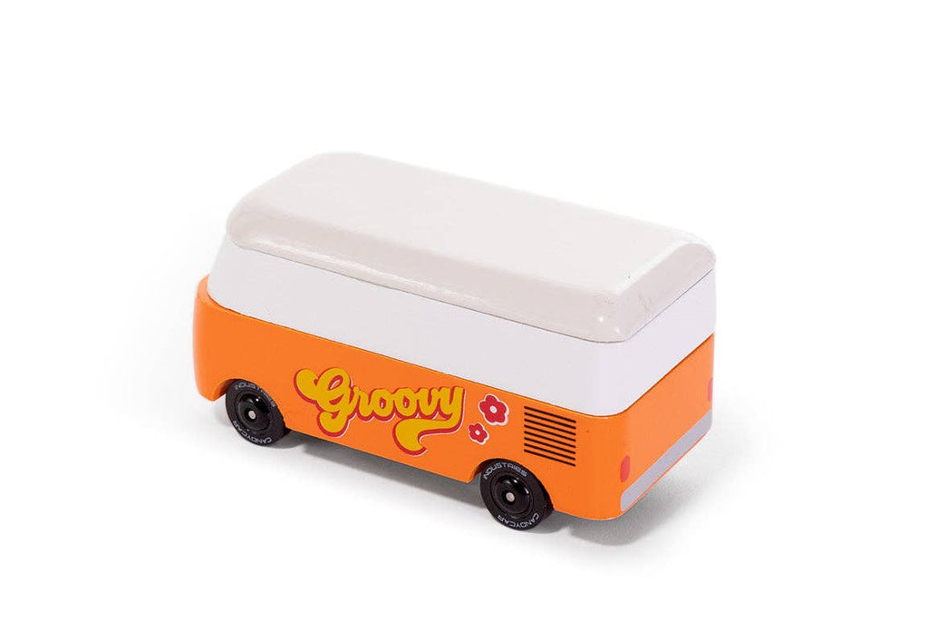 Orange cooler shaped like a van with 'Groovy' text on a white background