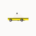 A minimalist vector illustration of a yellow taxi cab with a black and yellow checkered pattern along the side, a white roof, and black wheels, centered on a solid off-white background.