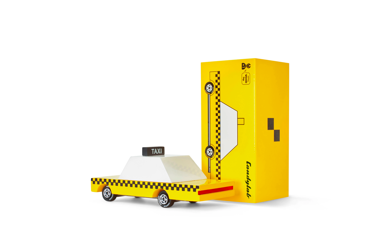Yellow toy taxi with a white top on a white background