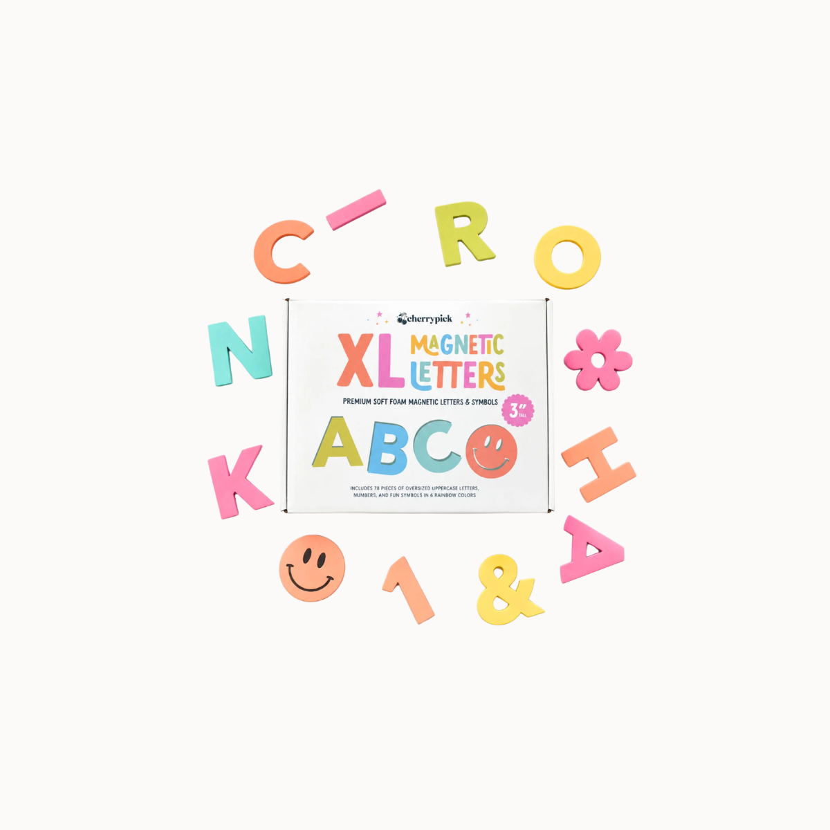 A set of colorful magnetic letters and symbols arranged around a white product box on a light gray background. The box reads 'Evershift XL Magnetic Letters' and shows assorted pastel and bright letter shapes including C, R, O, N, K, A, B, C, 1, &, H, smiley faces, and a flower.
