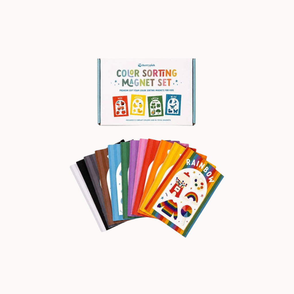 A color sorting magnet set shown with its white product box above a fan of colorful sorting cards and matching magnets on a plain light background.