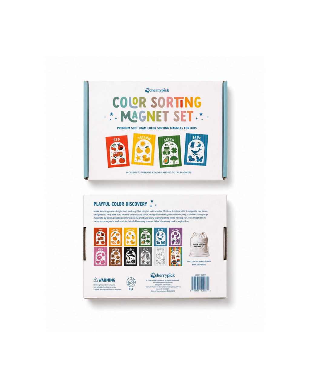 Color sorting magnet set packaging on a white background