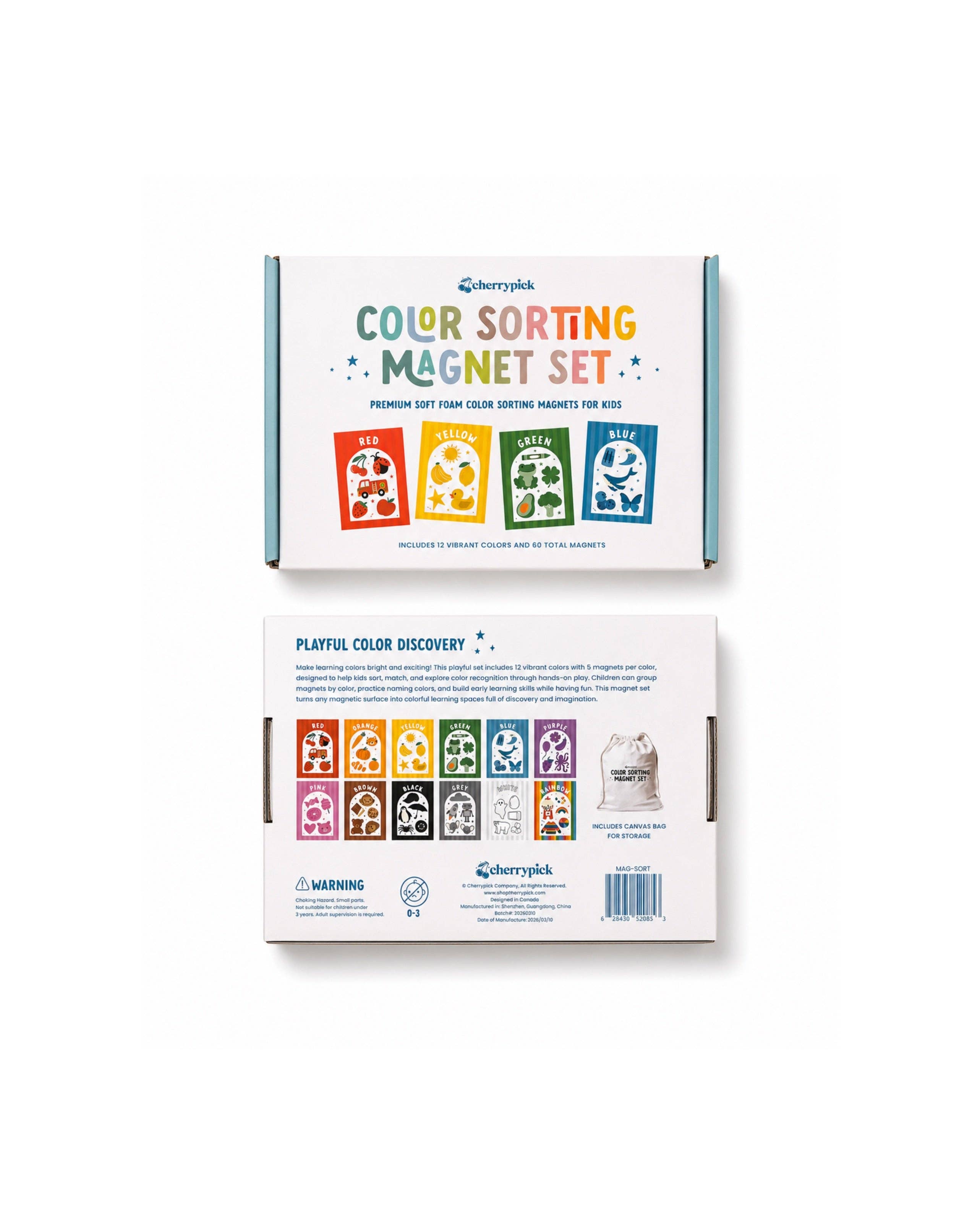 Color sorting magnet set packaging on a white background