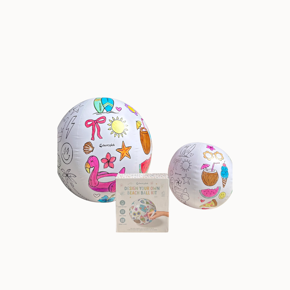 Two white inflatable beach balls with colorful summer-themed illustrations, shown alongside a small product box on a plain white background.
