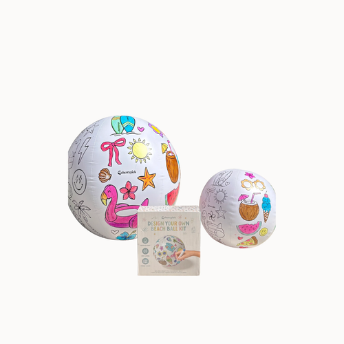 Two white inflatable beach balls with colorful summer-themed illustrations, shown alongside a small product box on a plain white background.