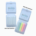 Two sets of chalk crayons in open and closed containers on a white background.