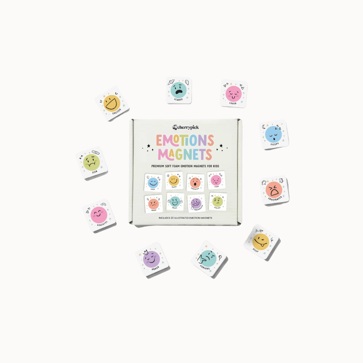 An Emotions Magnets educational toy set by Cherrypick, featuring a white box surrounded by various small square magnets with colorful cartoon faces on a clean white background.