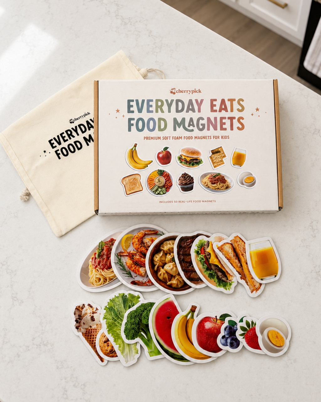 Everyday Eats food magnet set on a kitchen counter with packaging.