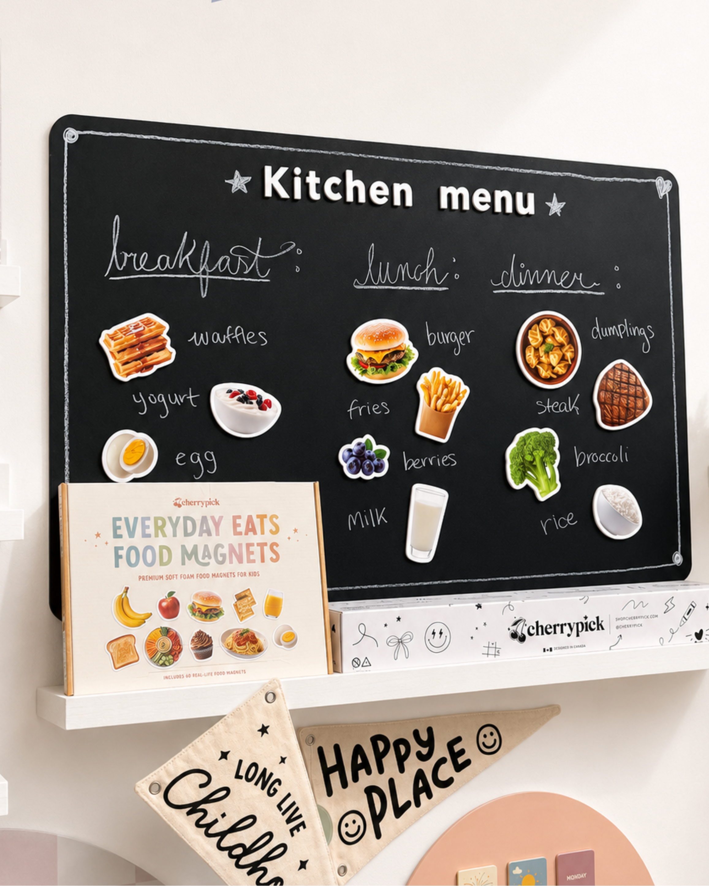 Cherry Pick kitchen menu board with food magnets on a shelf.