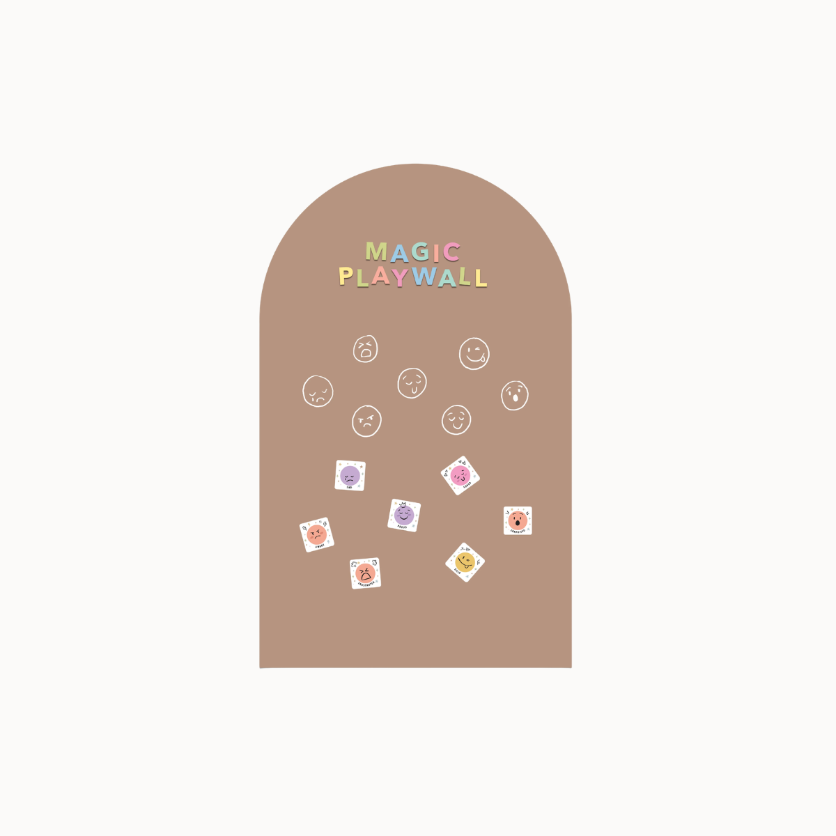 An arched playboard in a muted taupe-brown color, featuring the text 'MAGIC PLAYWALL' in pastel rainbow letters at the top. Several small decorative stickers and white smiley-face outlines are arranged on the front against a plain off-white background.