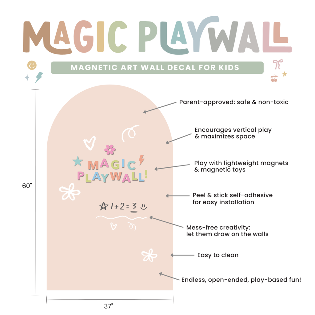 Magic Playwall magnetic art wall decal for kids with features and dimensions on a white background.