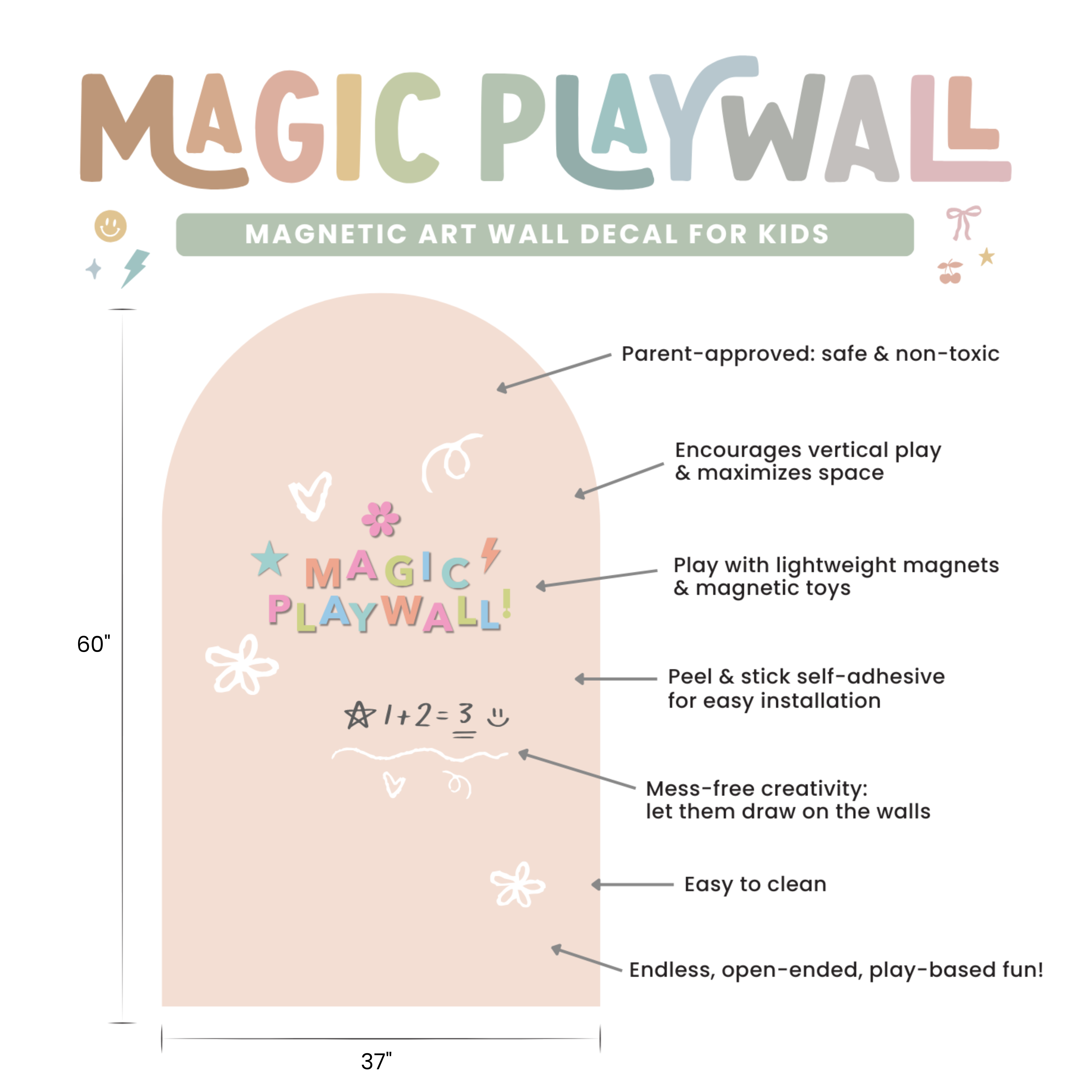 Magic Playwall magnetic art wall decal for kids with features and dimensions on a white background.