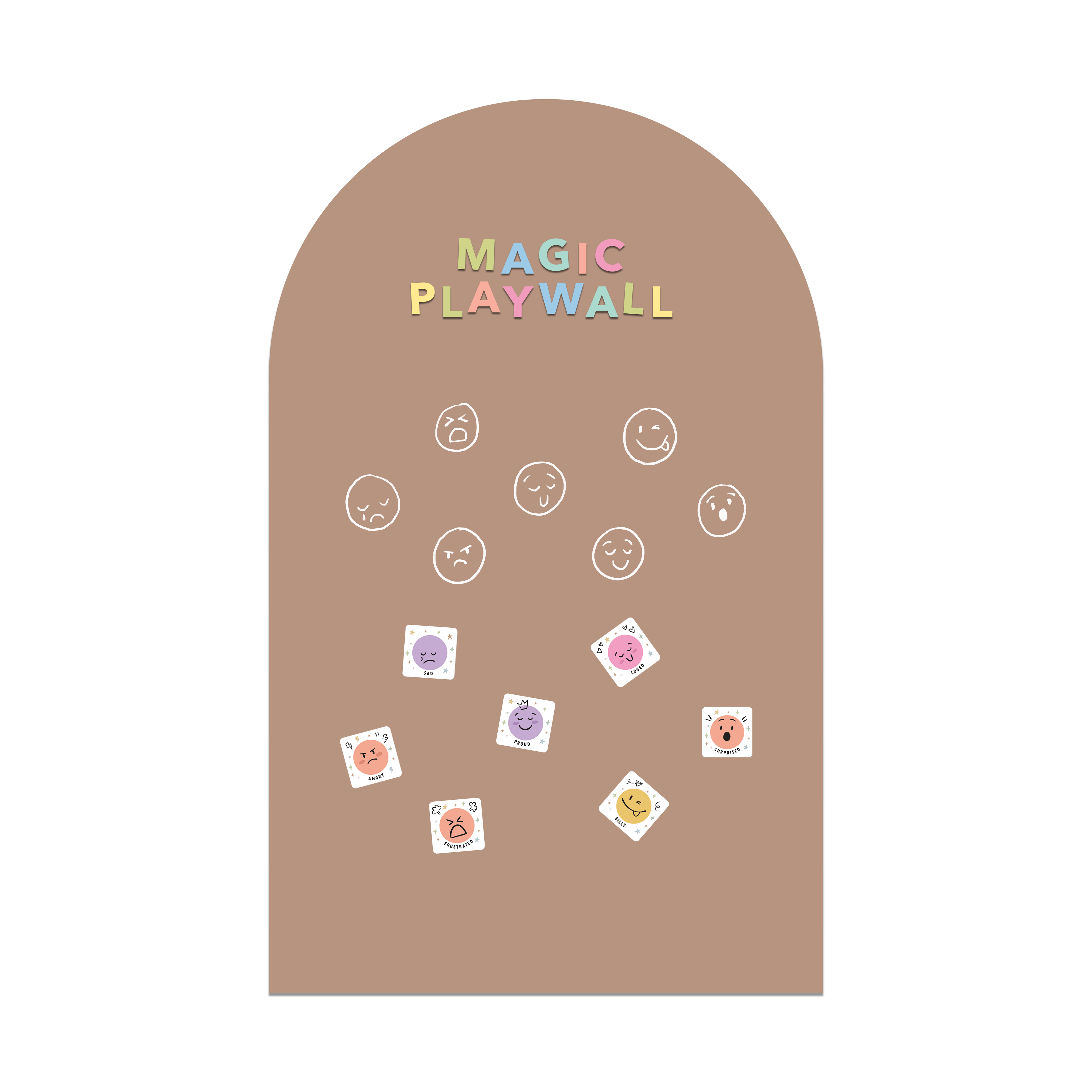 Brown arch-shaped product with 'Magic Playwall' text and various stickers on a white background