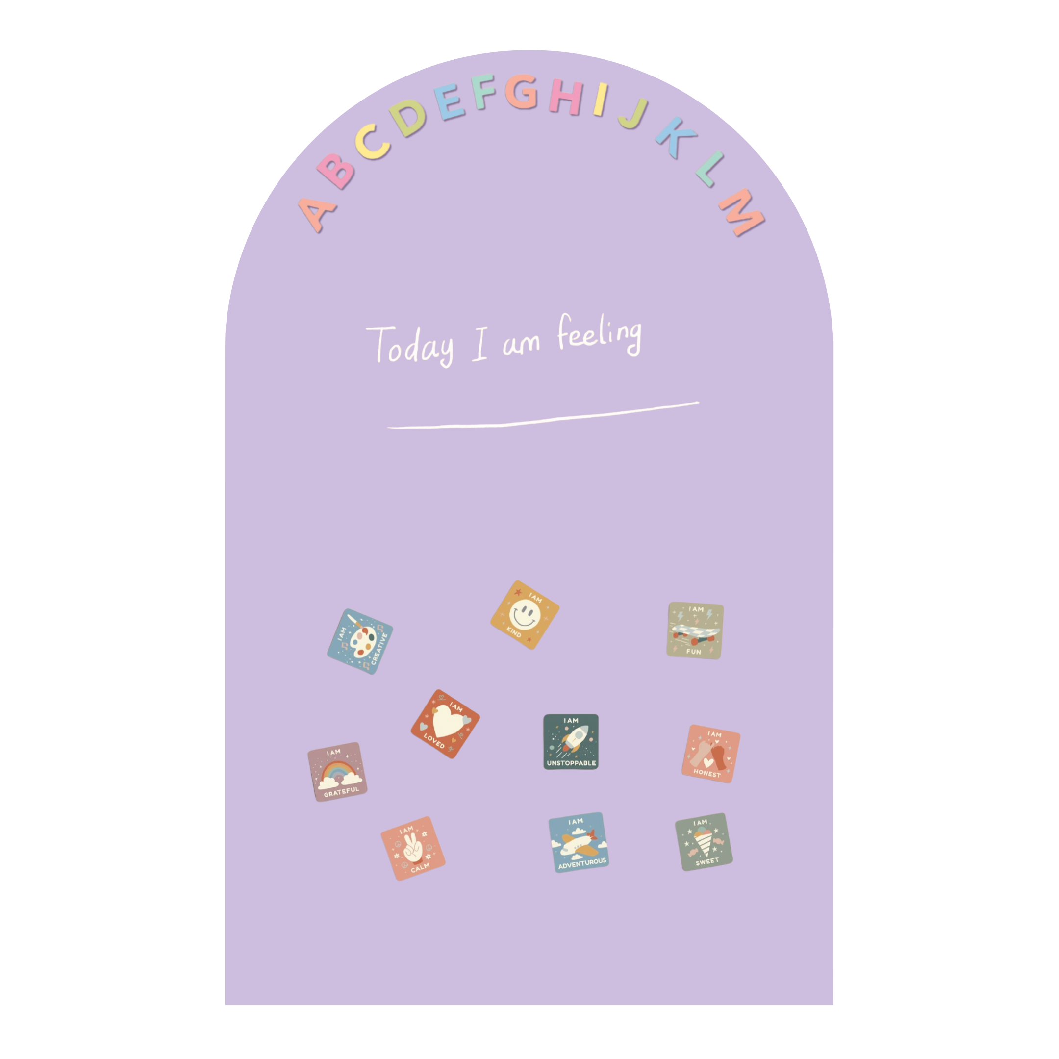 Purple mood board with alphabet letters and stickers on a white background