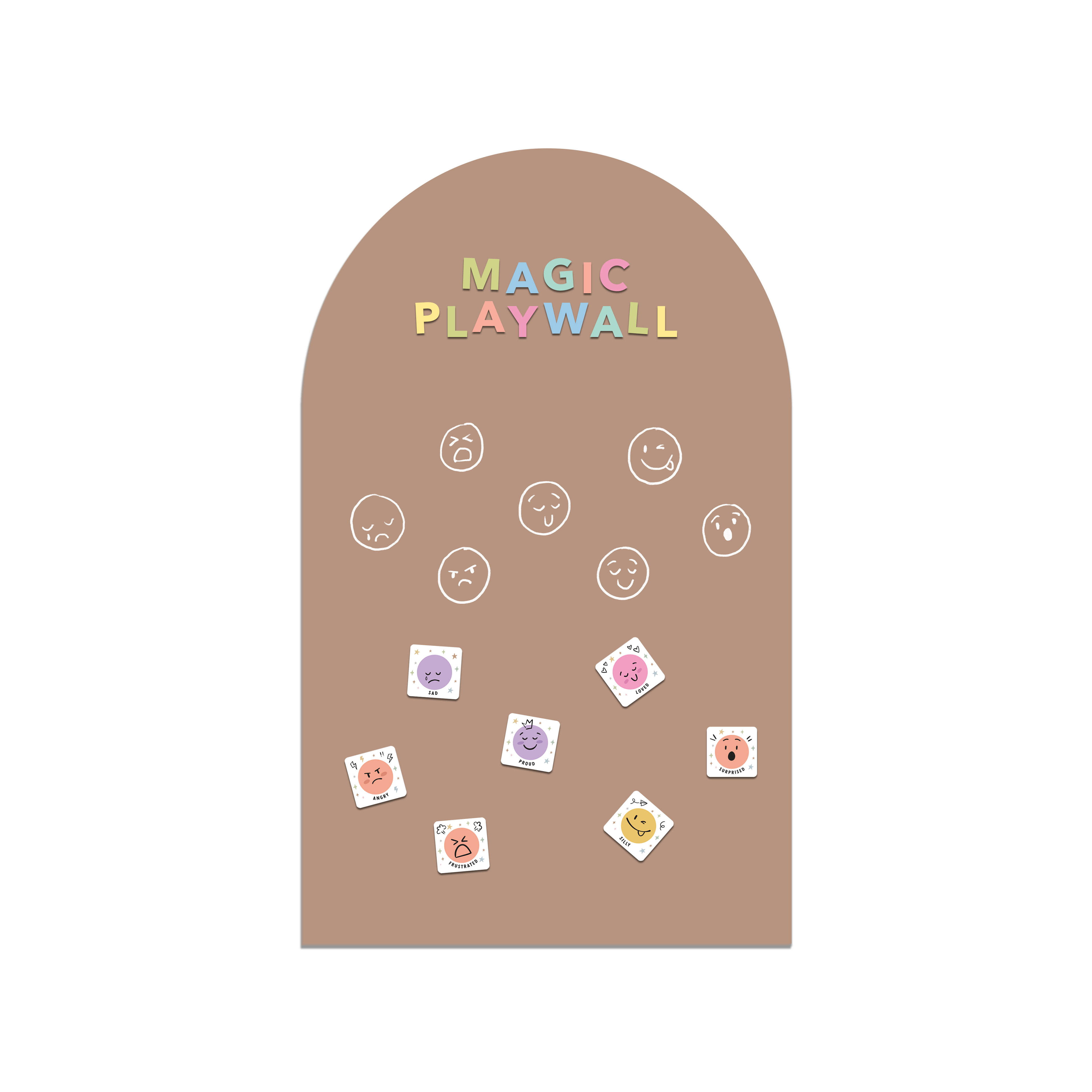 Brown arch-shaped product with 'MAGIC PLAYWALL' text and various stickers on a white background