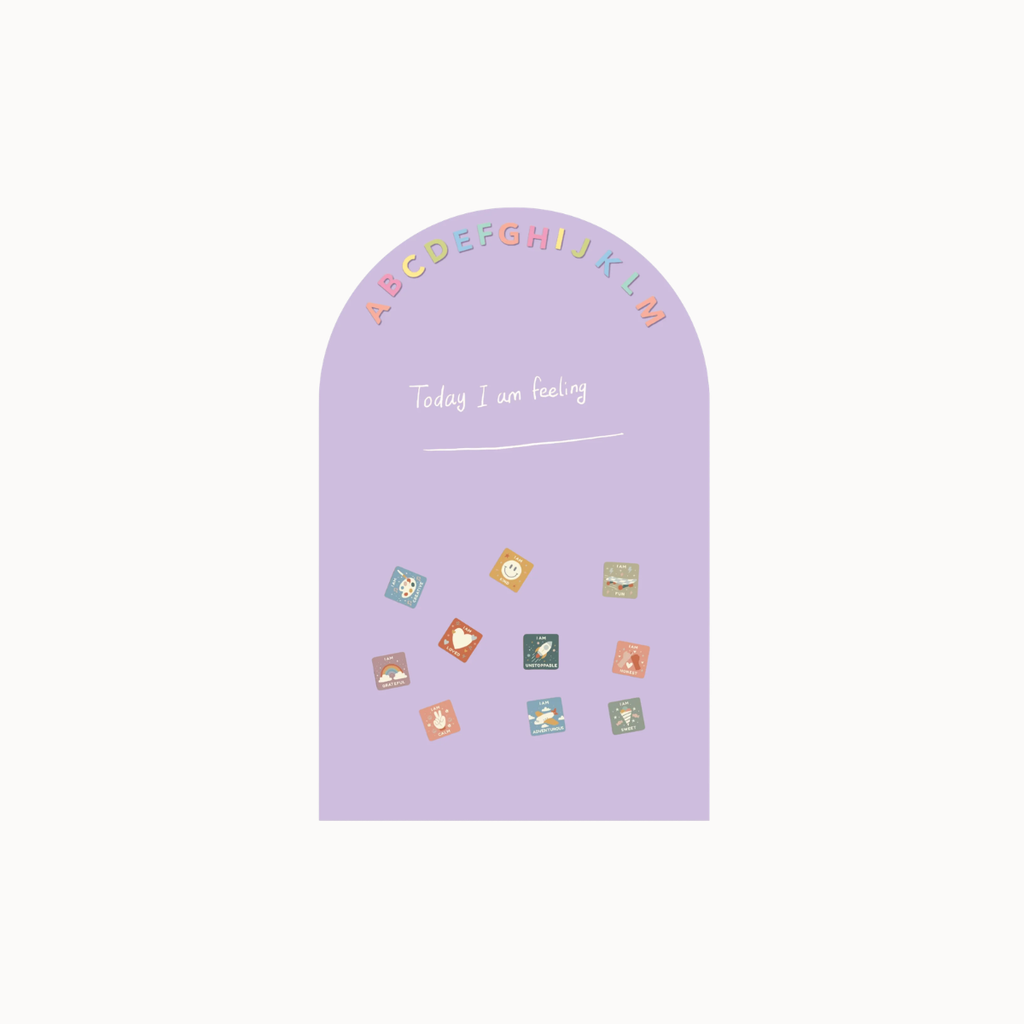 A lavender arch-shaped wall decal with colorful alphabet letters at the top, the phrase 'Today I am feeling' in white script, and small illustrated cards scattered below on a light gray background.