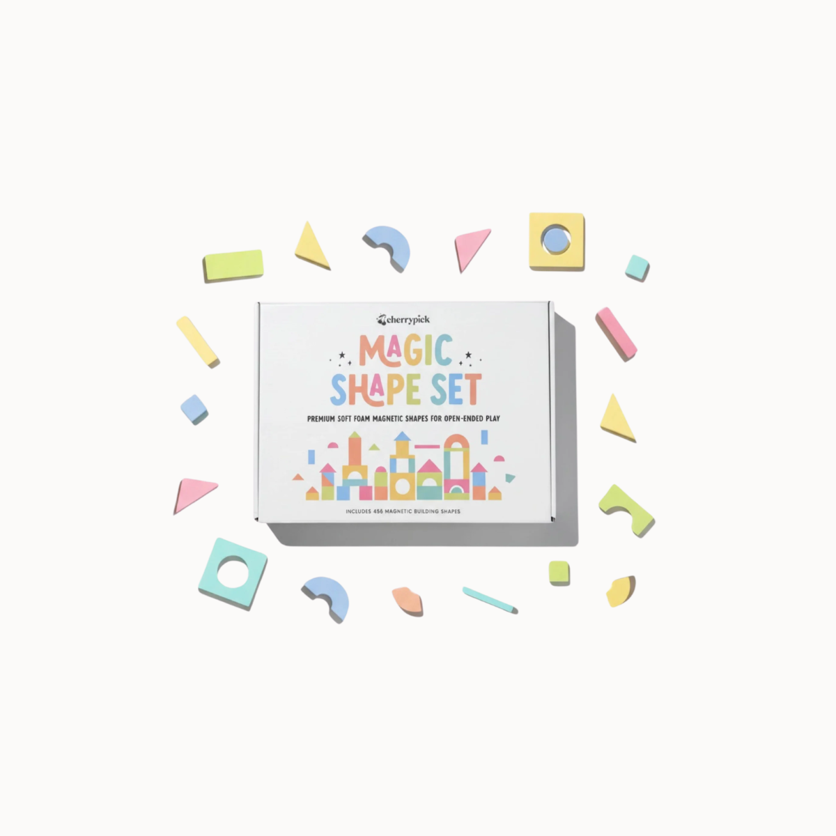 Colorful shapes and magic shape set box on a white background