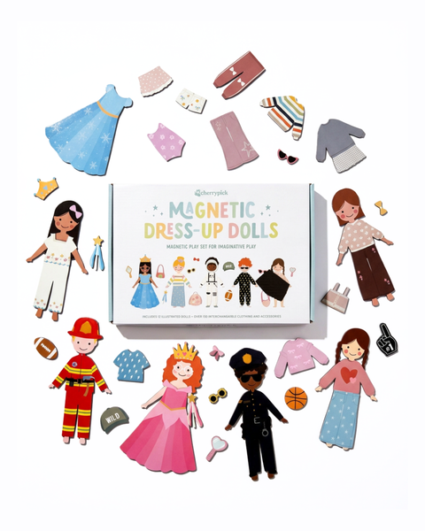 Set of magnetic dress-up dolls and accessories on a white background