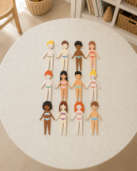 Set of diverse dolls on a round white surface