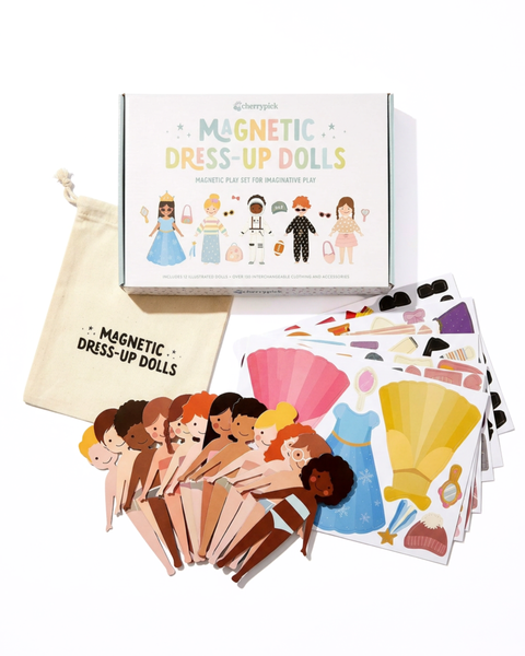 Magnetic dress-up dolls set with packaging and accessories on a white background