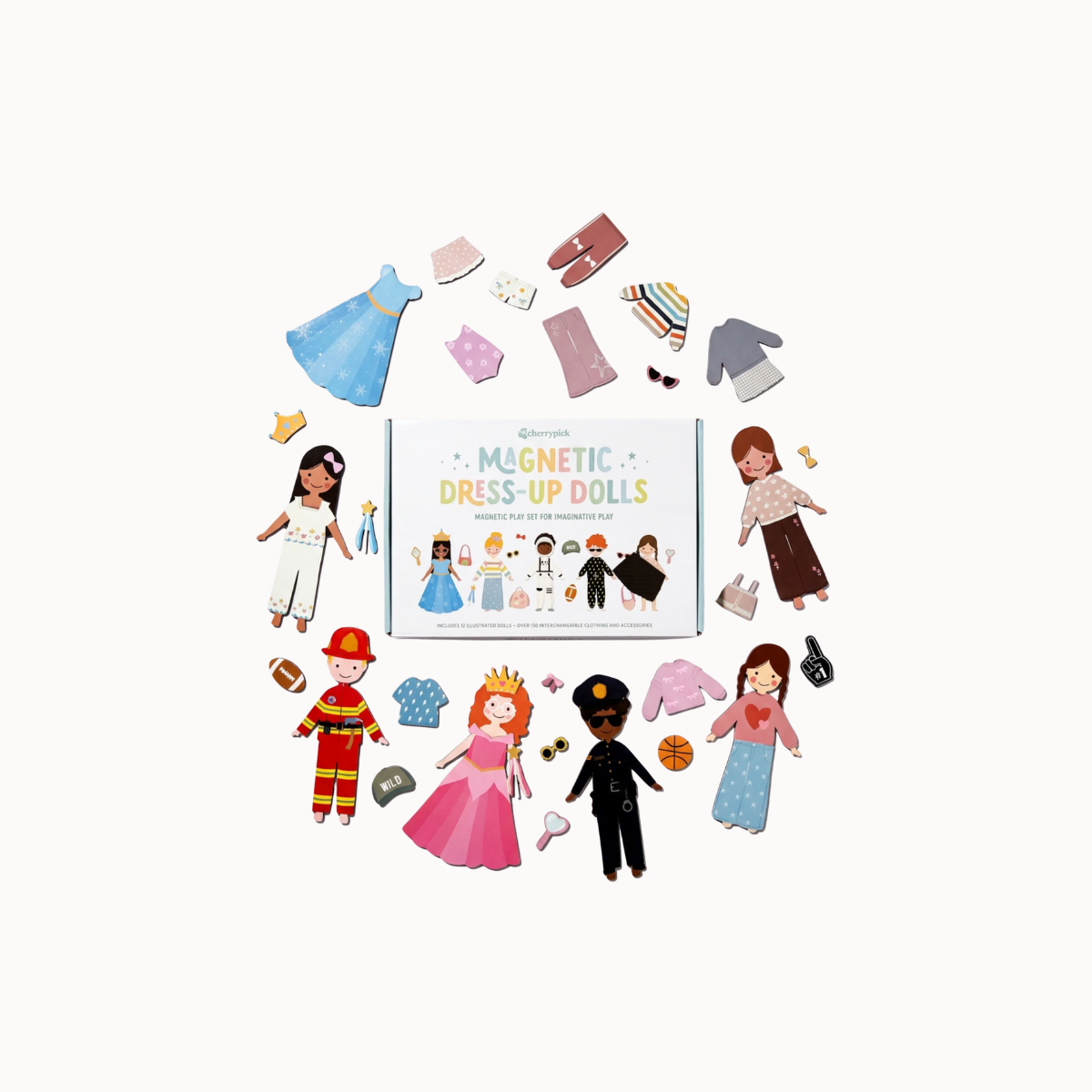 A children's magnetic dress-up doll set arranged on a light gray background, with the central book and surrounding loose clothing, accessories, and character dolls.