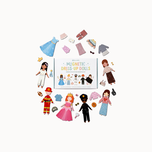 A children's magnetic dress-up doll set arranged on a light gray background, with the central book and surrounding loose clothing, accessories, and character dolls.
