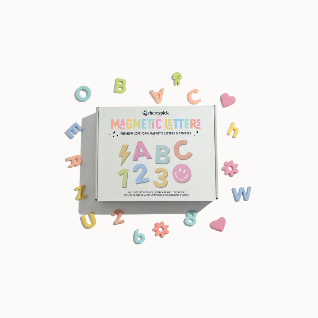 A white box of Cherrypick Magnetic Letters surrounded by scattered pastel alphabet and number magnets on a clean white background.