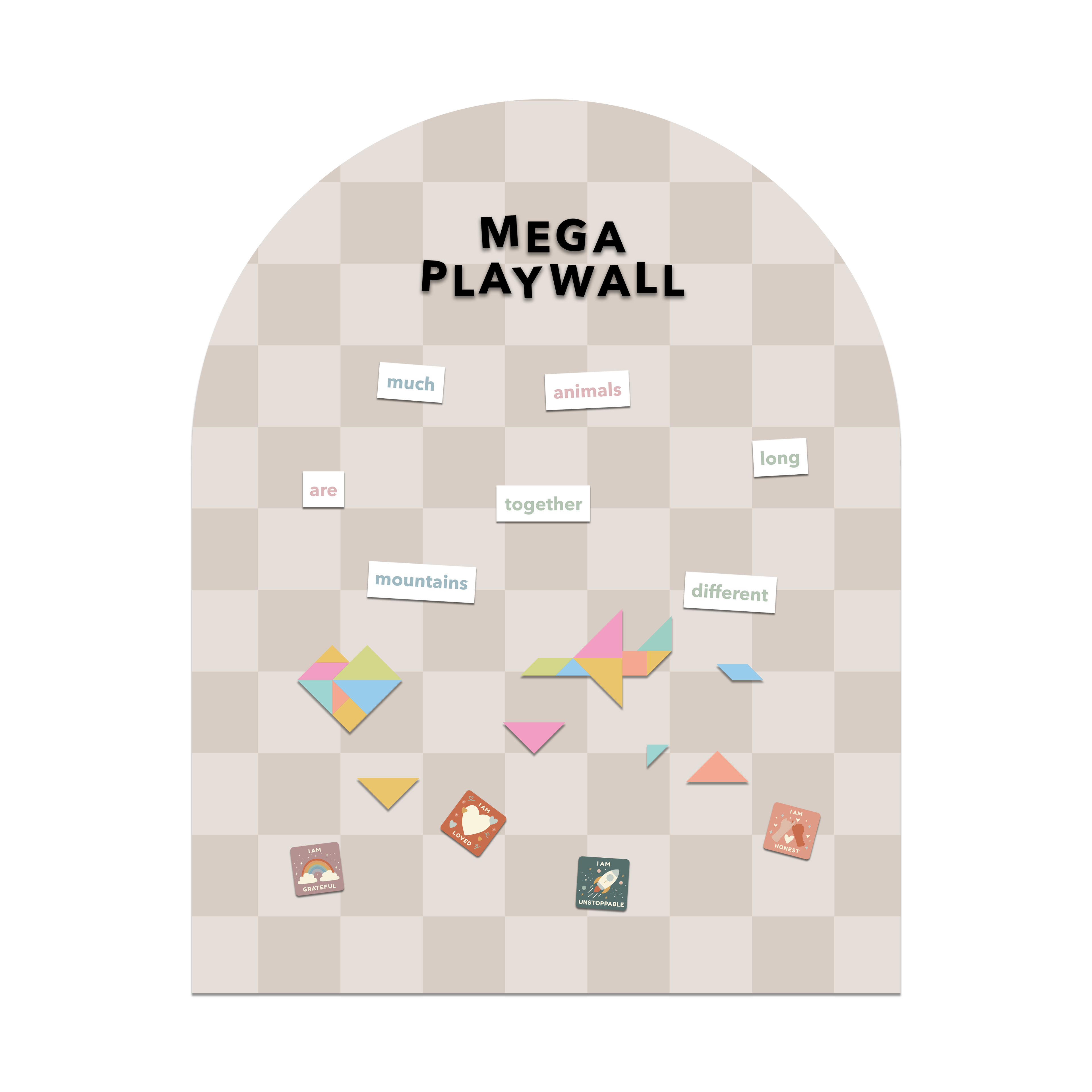 Checkered play wall with magnetic letters and shapes on a white background