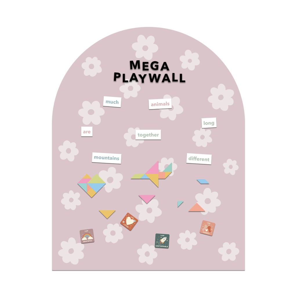 Mega Playwall with magnetic letters and shapes on a pink background