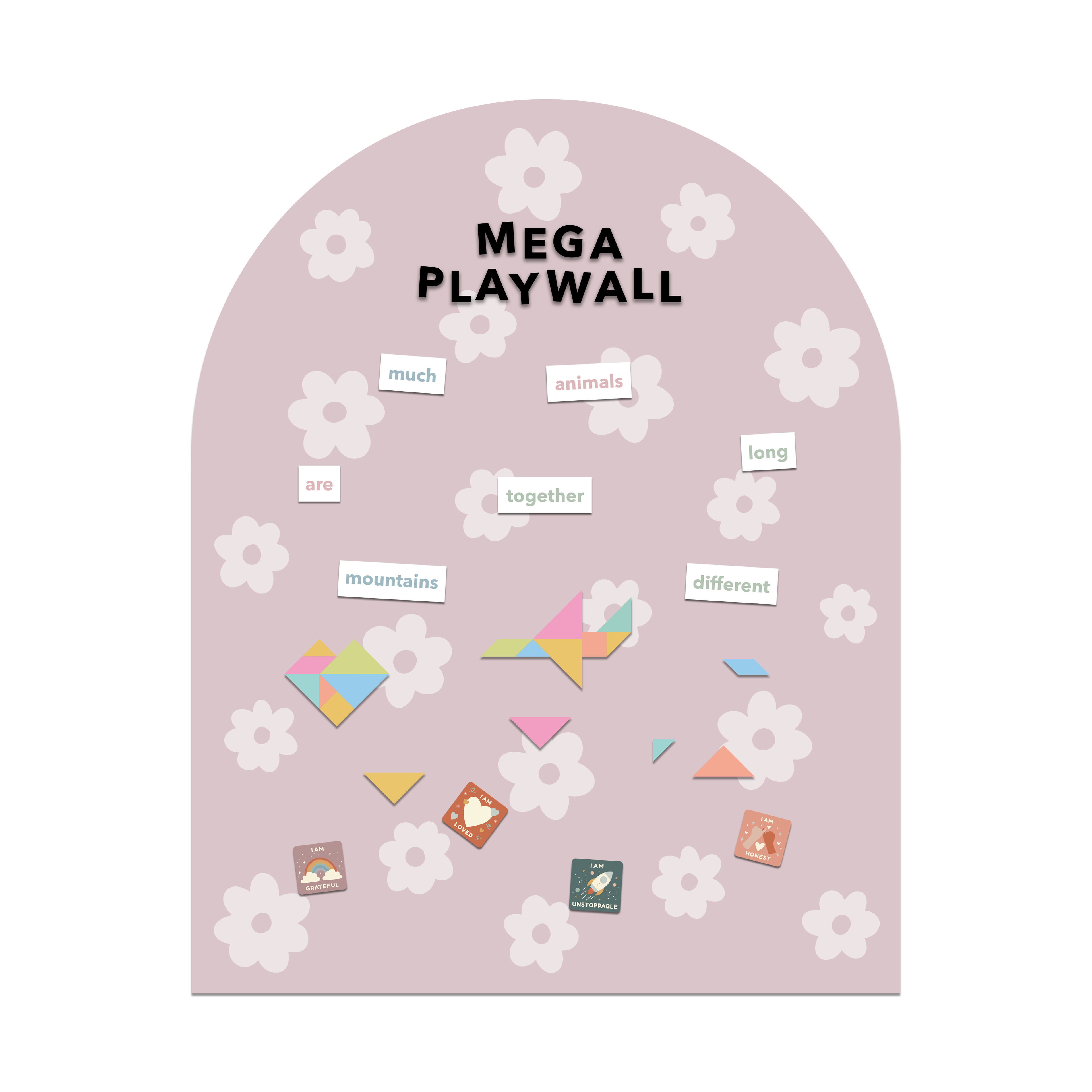 Mega Playwall with magnetic letters and shapes on a pink background