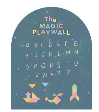 Children's wall art with alphabet letters and colorful shapes on a blue background