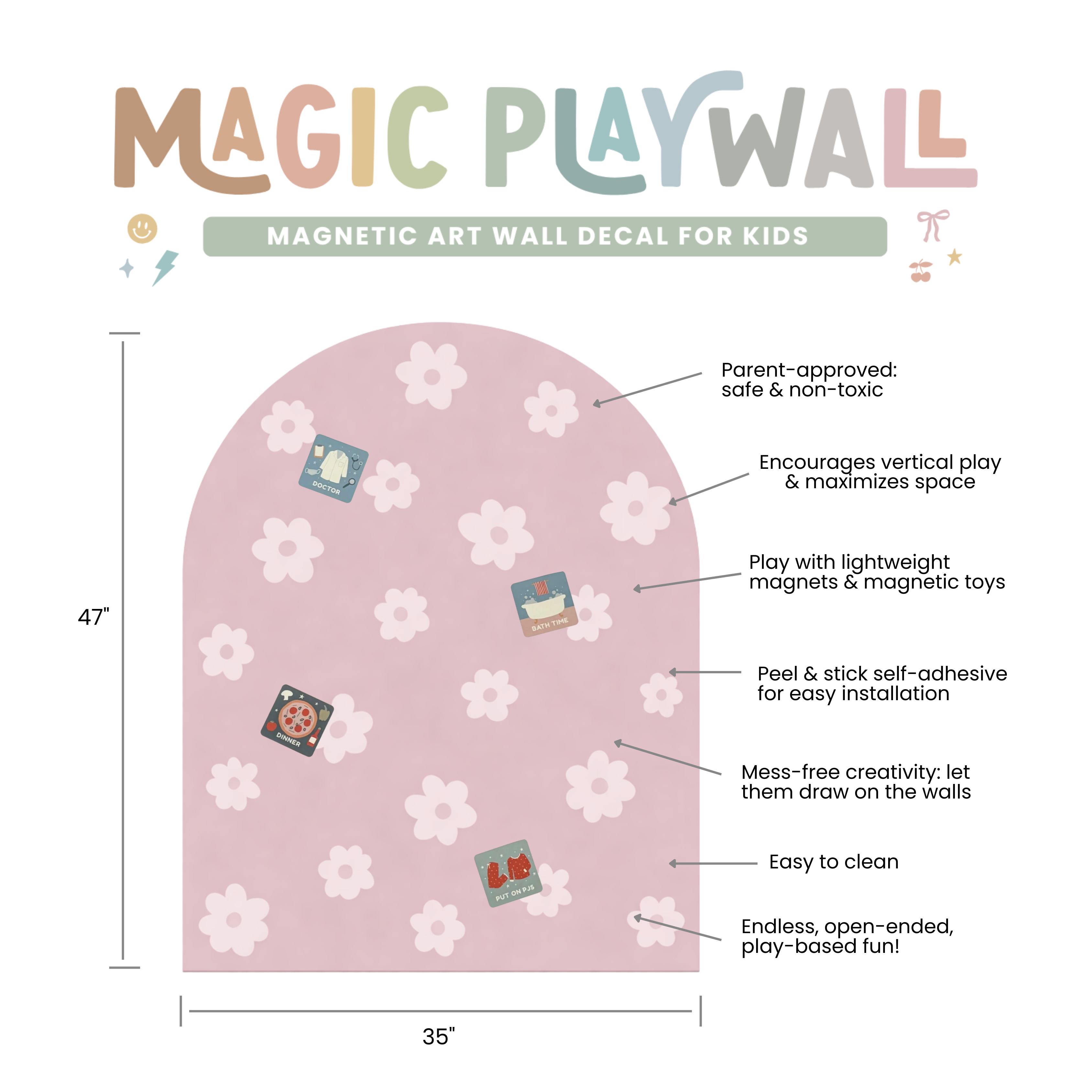 Magnetic art wall decal for kids with features and dimensions on a white background