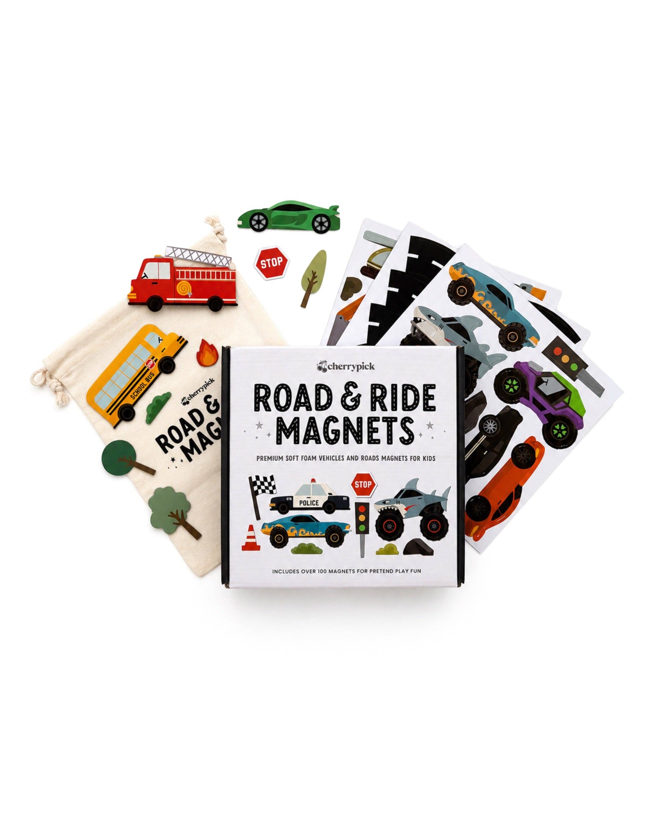 A boxed children's magnetic play set called 'Road & Ride Magnets' by BerryKlik, shown with a white box in the center and several colorful magnetic vehicle and road-themed magnets fanned out around it on a white background.