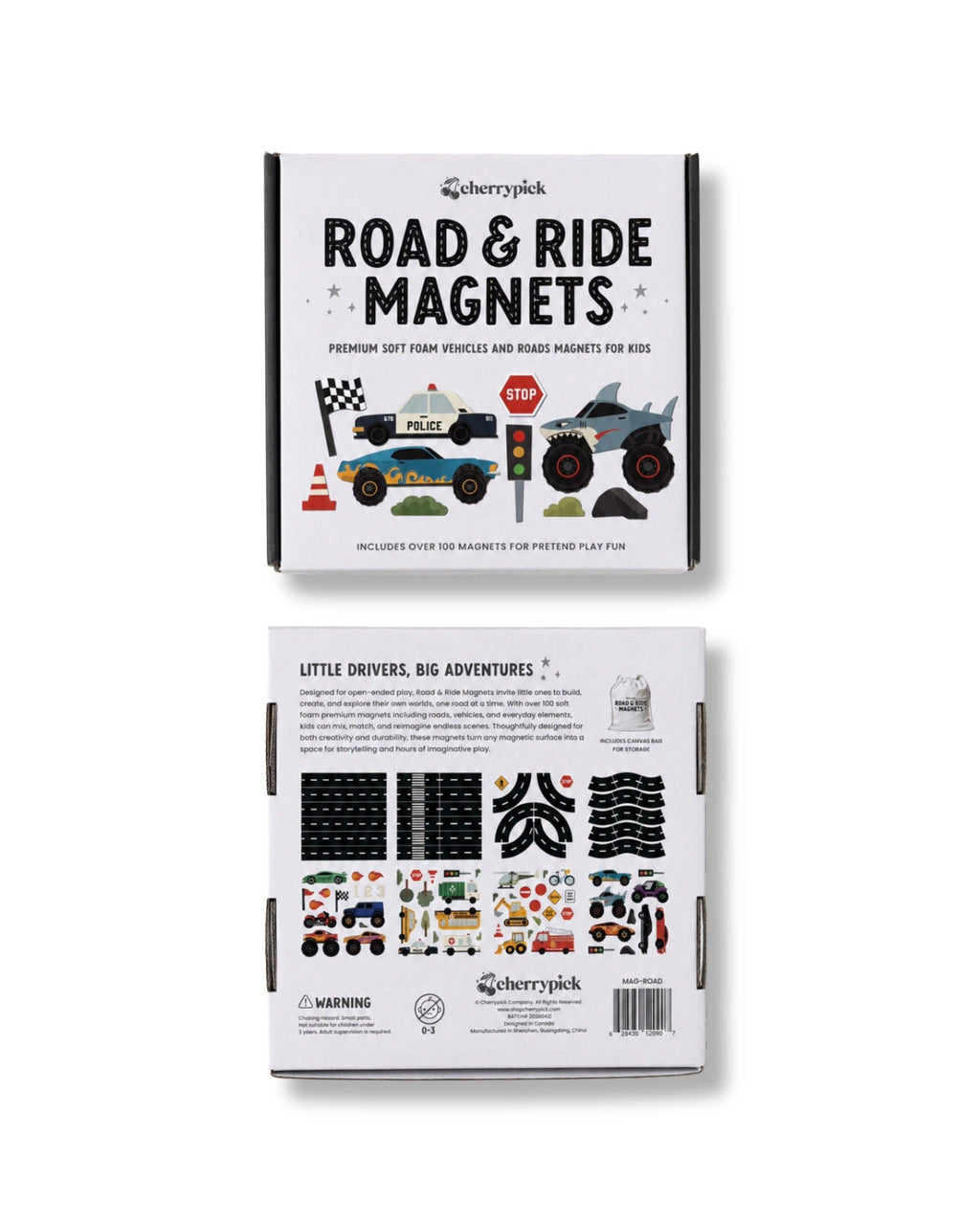 Cherry Creek Road & Ride Magnets toy set shown from both the front and back packaging views against a white background.