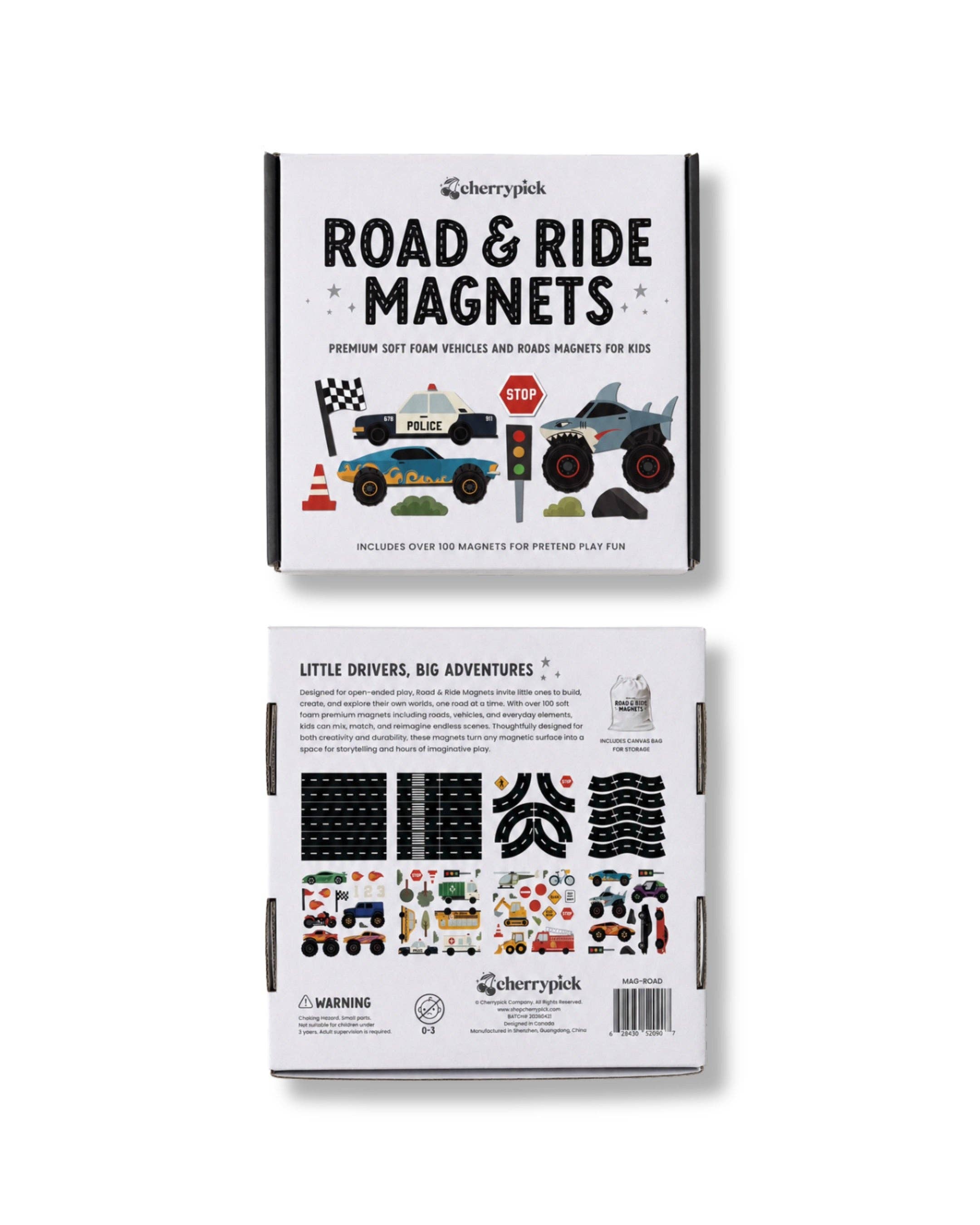 Cherry Creek Road & Ride Magnets toy set shown from both the front and back packaging views against a white background.