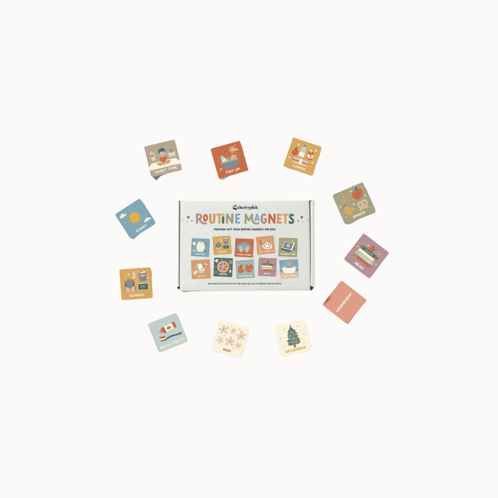 A set of colorful square 'Routine Magnets' cards arranged in a circle around their white storage box on a clean white background.