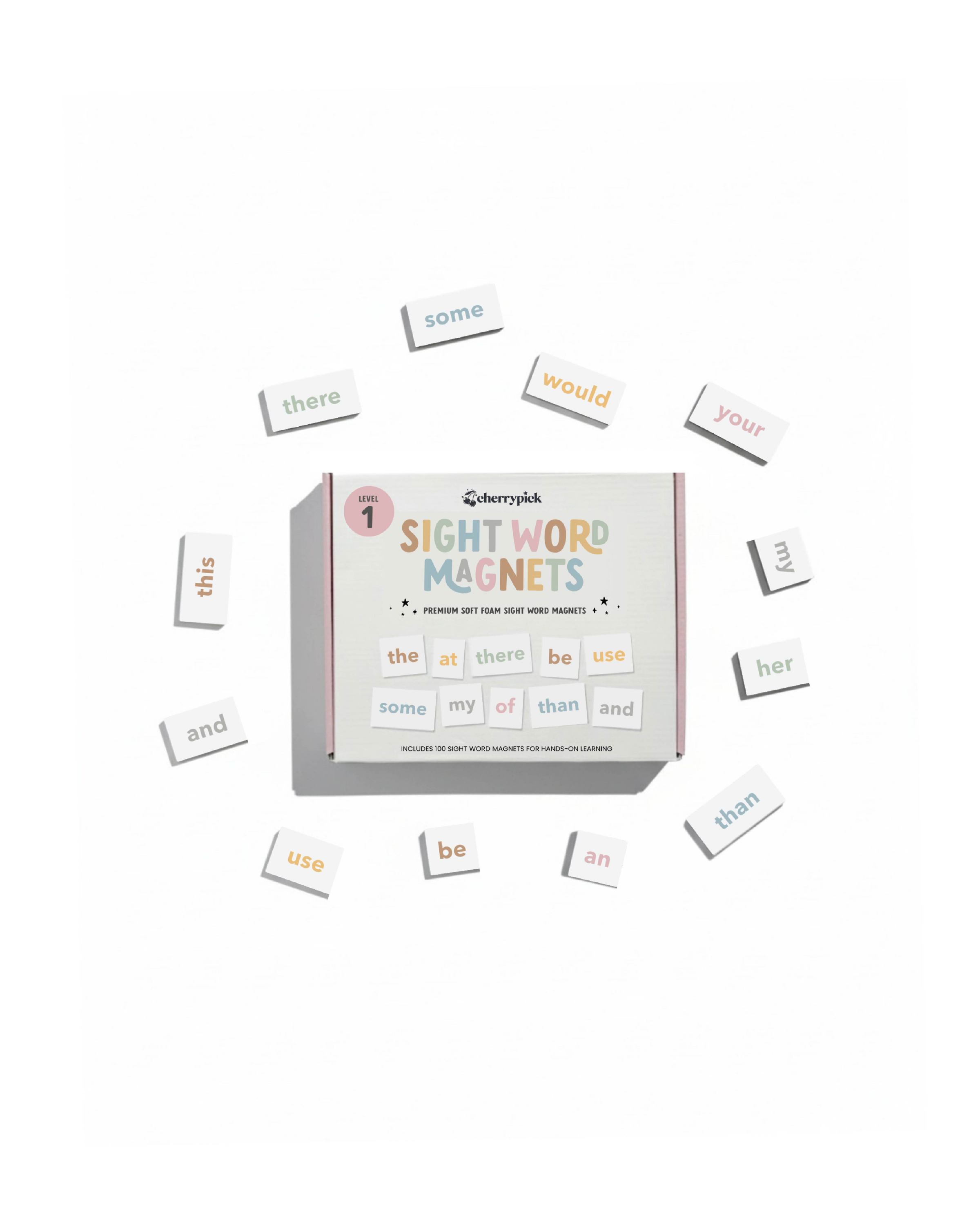 Sight word magnets set with a box on a white background